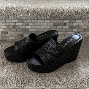 GUESS Black Woven Platform Wedge Slides